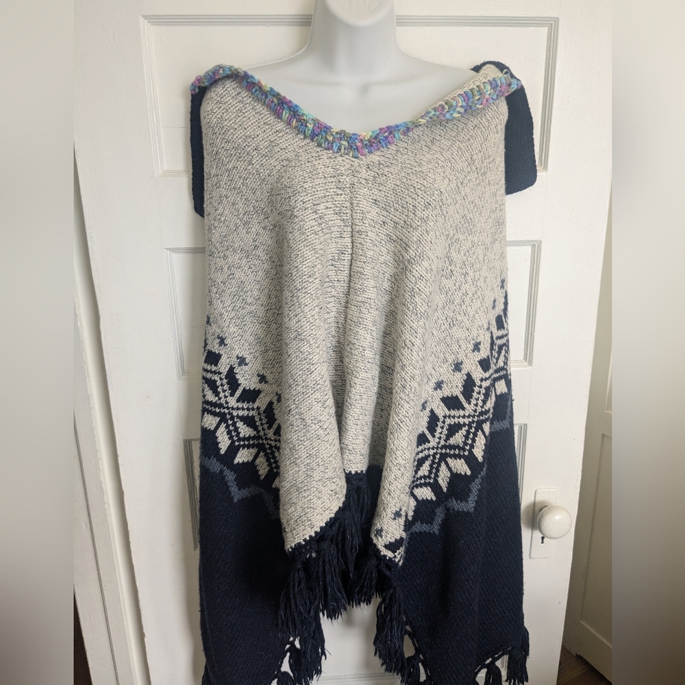 Hand Made Navy and Cream Women's Poncho Sweater Style O/S